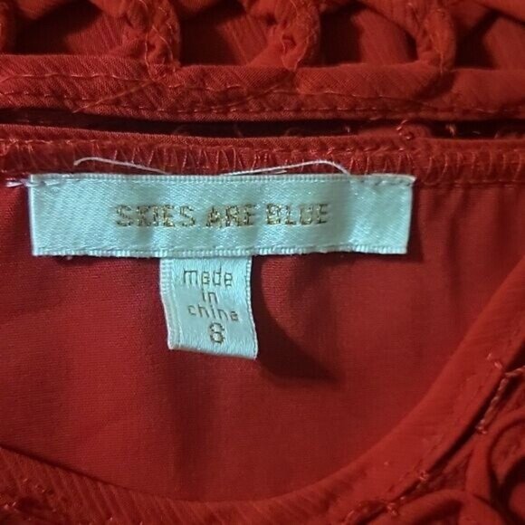 Crochet Neck Red Dress With Ruffled Sleeves By Skies Are Blue Size 8 Elegant & F - Picture 6 of 6